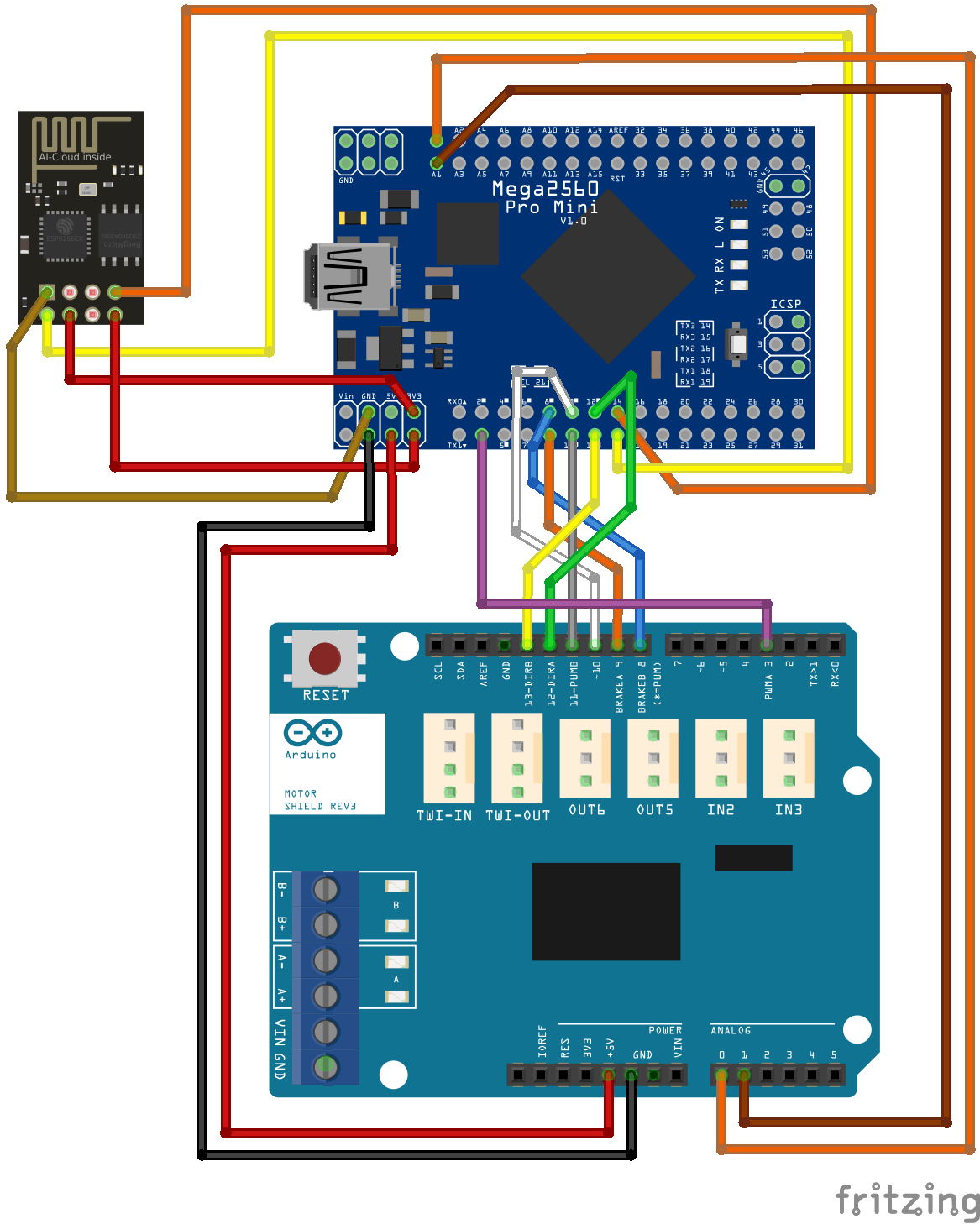 Mega Pro Mini - Wiring motor shield and ESP-01
